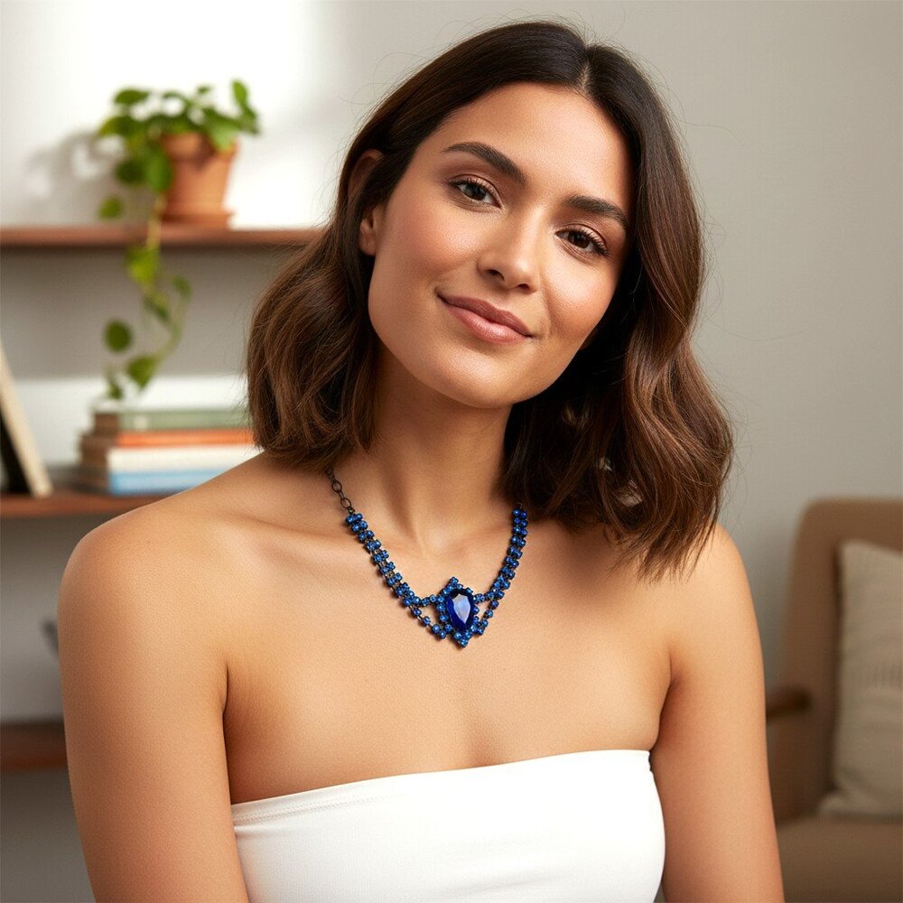 ***SOLD***Vintage 1950s-1960s R&R Deep Blue Rhinestone Collar Necklace.